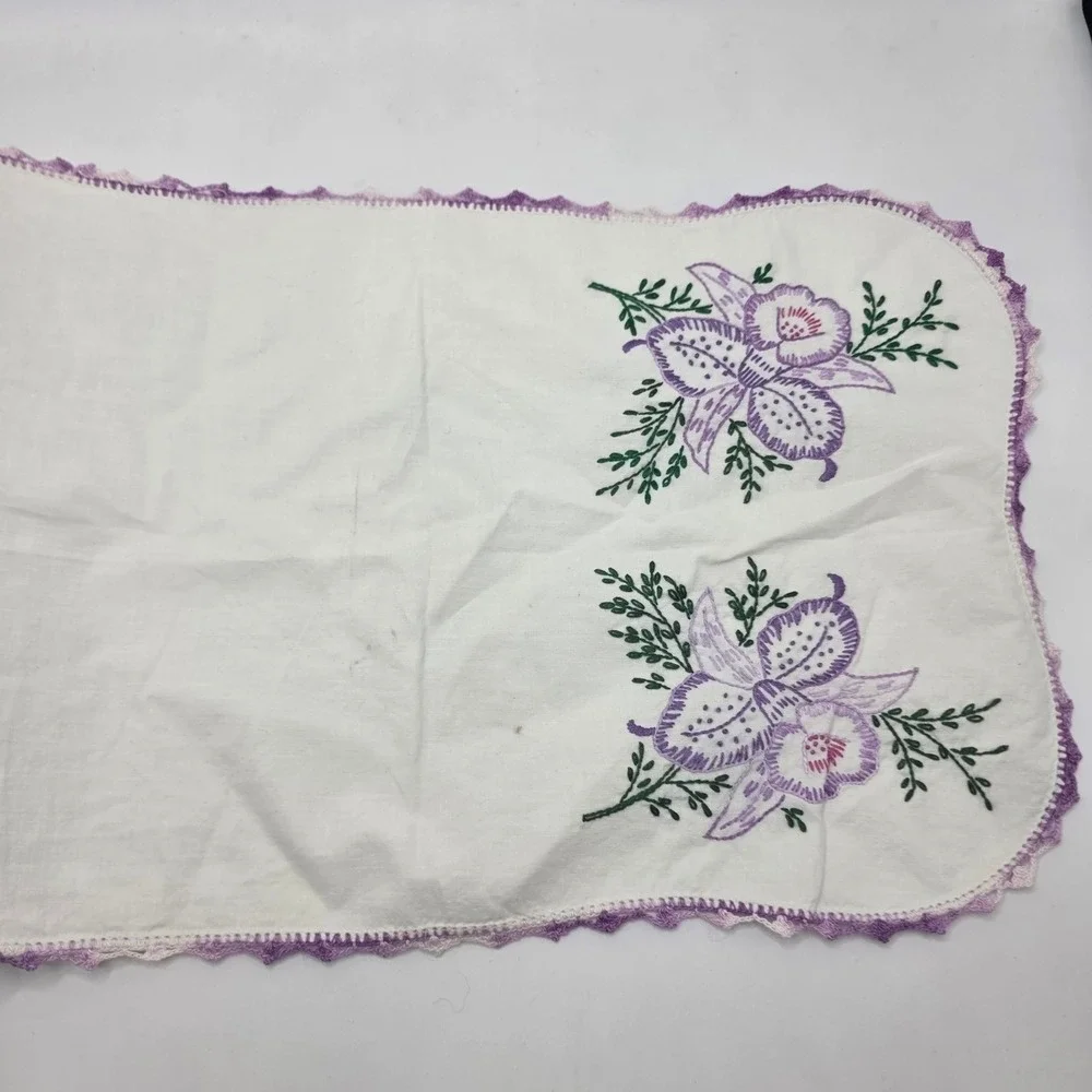 Vintage Hand Embroidered Dresser Scarf Purple Orchid Crochet Edge Table Runner